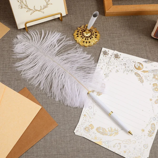 Wedding Guest Book Ballpoint Pen – Ostrich Feather with Metal Stand - Image 5