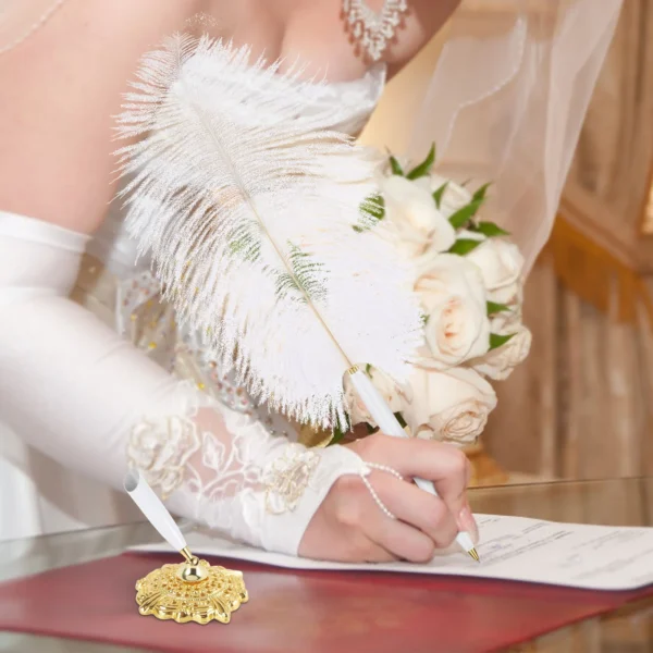 Wedding Guest Book Ballpoint Pen – Ostrich Feather with Metal Stand - Image 2