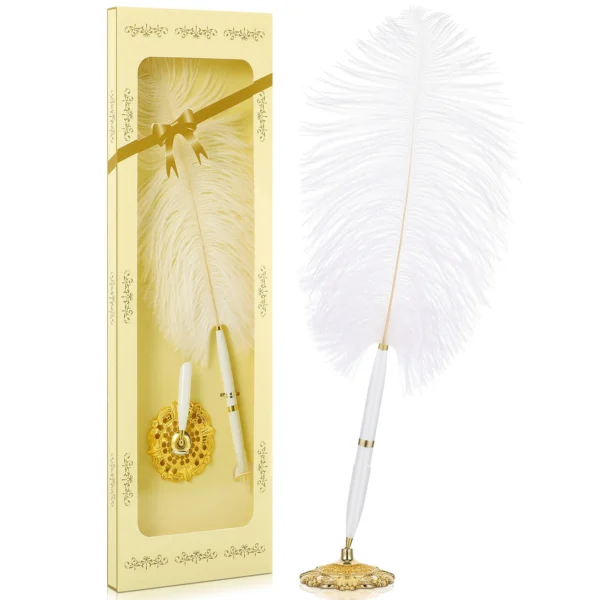 Wedding Guest Book Ballpoint Pen – Ostrich Feather with Metal Stand