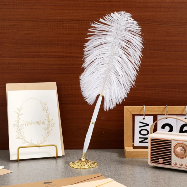 Wedding Guest Book Ballpoint Pen – Ostrich Feather with Metal Stand - Image 6