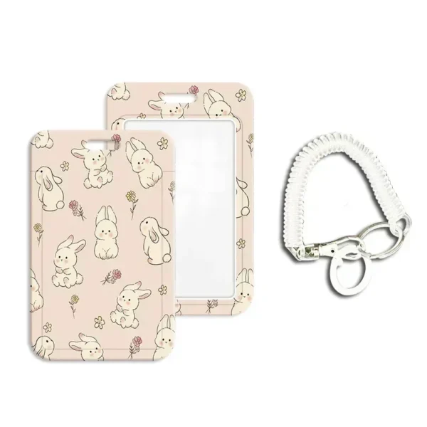 Cute Student ID Card Holder Cartoon Anime Bunny Floral Kpop Idol Photocard Cover Case with Lanyard Aesthetic Card Protector - Image 3