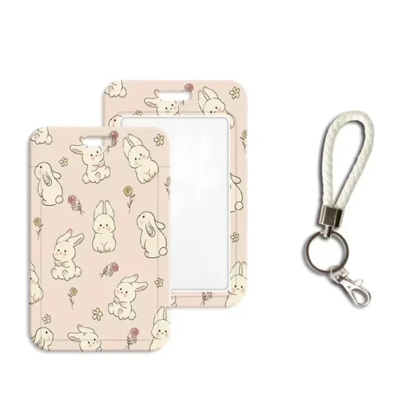 Cute Student ID Card Holder Cartoon Anime Bunny Floral Kpop Idol Photocard Cover Case with Lanyard Aesthetic Card Protector - Image 2