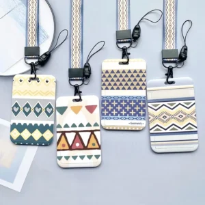 Women Man Funny Geometric Cards Protective Cover Plastic Bus ID Credit Cards Holder with Long Lanyard Set Visit Door Badge